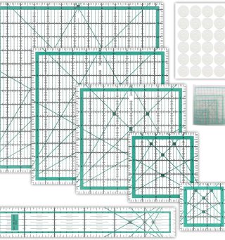 6 Pcs Quilting Rulers and Templates, Quilt Ruler, Acrylic Square Ruler, with Silicone Non-Slip Mat and Storage Bag (3.5"x3.5", 5"x5", 8"x8", 10"x10", 12.5"x12.5", 2"x12")
