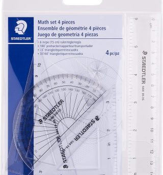 STAEDTLER Math Set - 4 pc Geometry Kit for Students - School Supplies with Clear Protractor, 6in Ruler & 2 Triangles – Metric & Imperial Scales